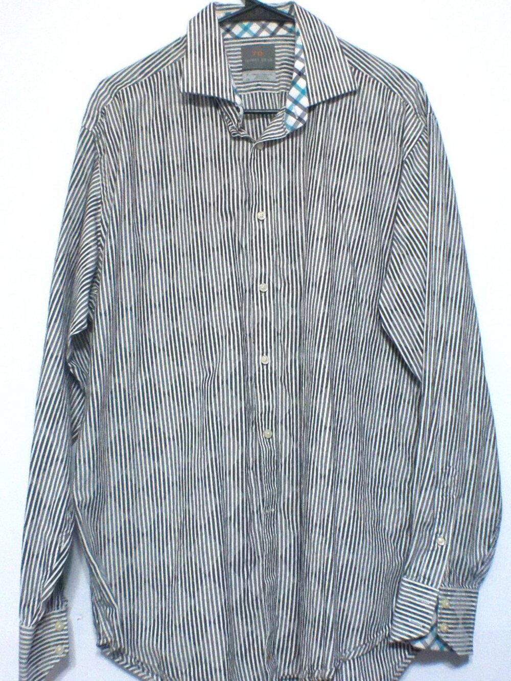 Thomas Dean Men's XL Blue White Striped Pima Cotton Dress Shirt Contrast Plaid